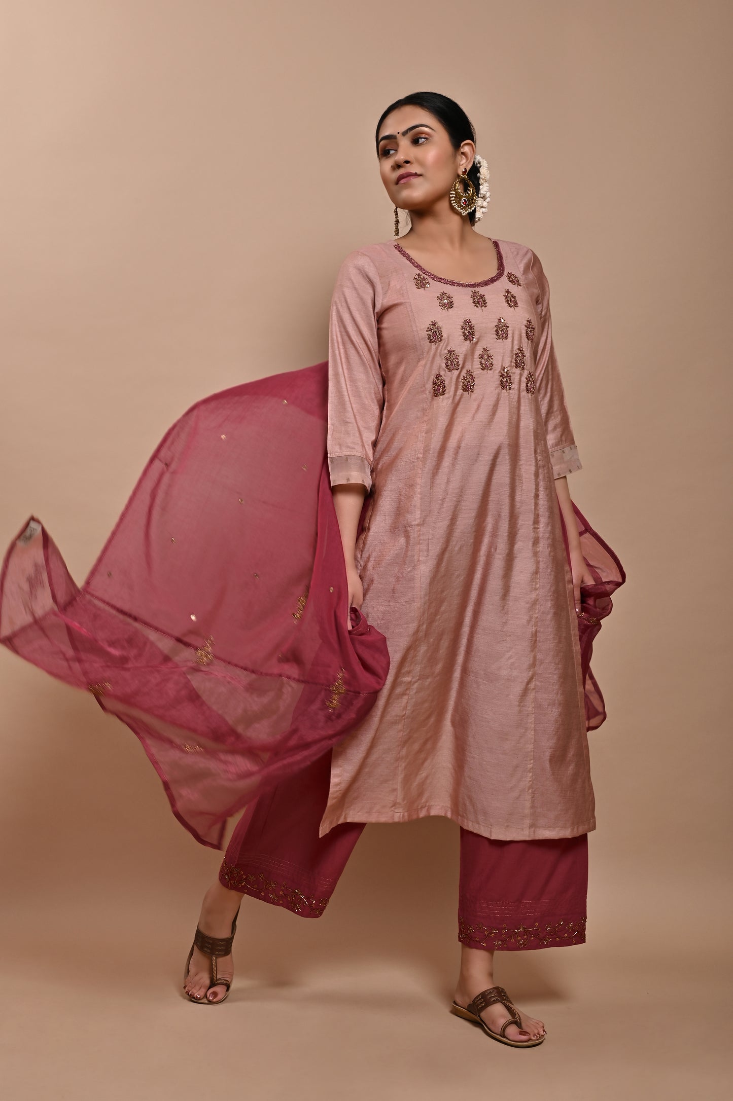Wine Zardozi Silk Chanderi Dupatta