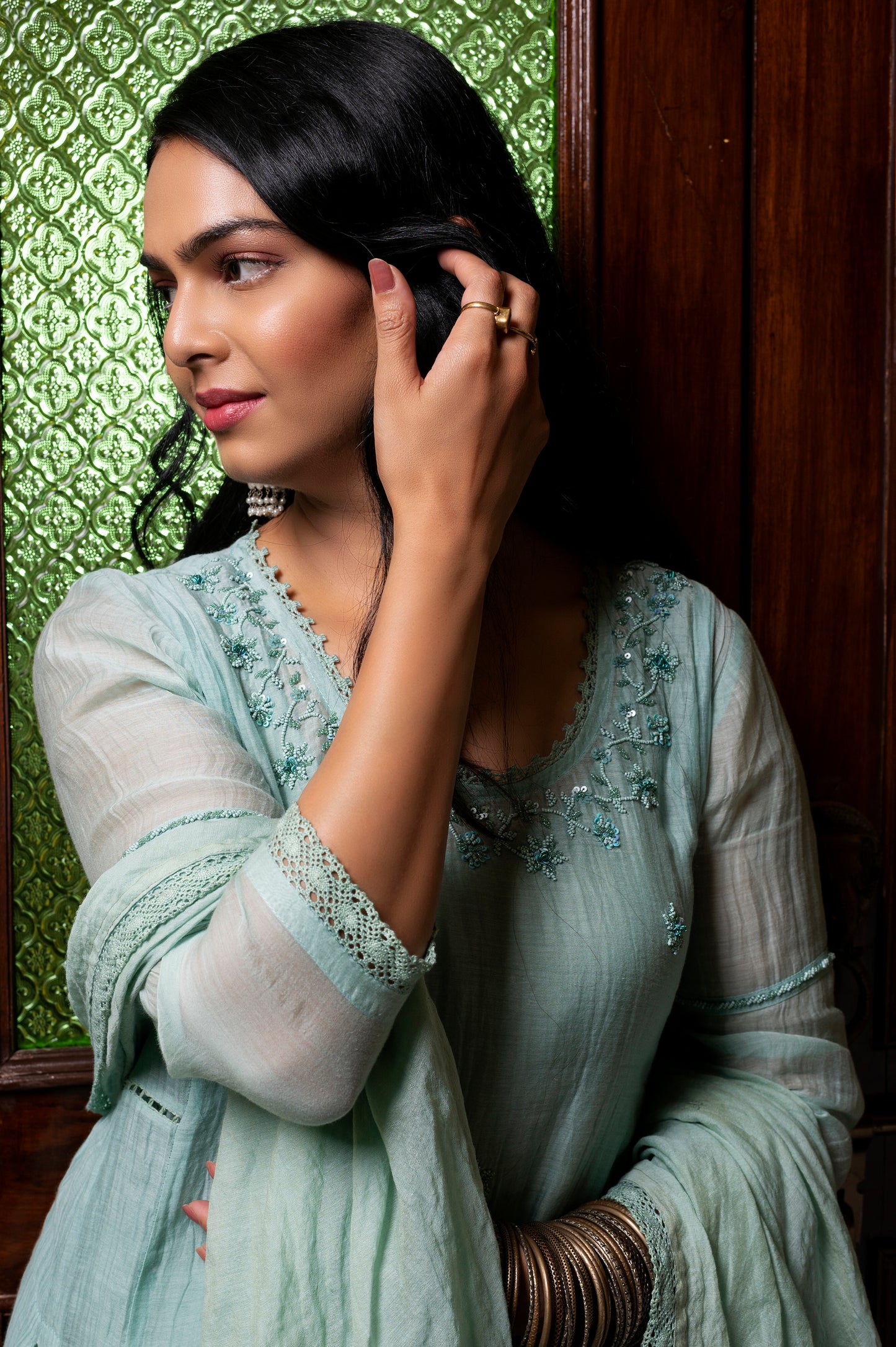 Sea Blue Fine Chanderi Kurta