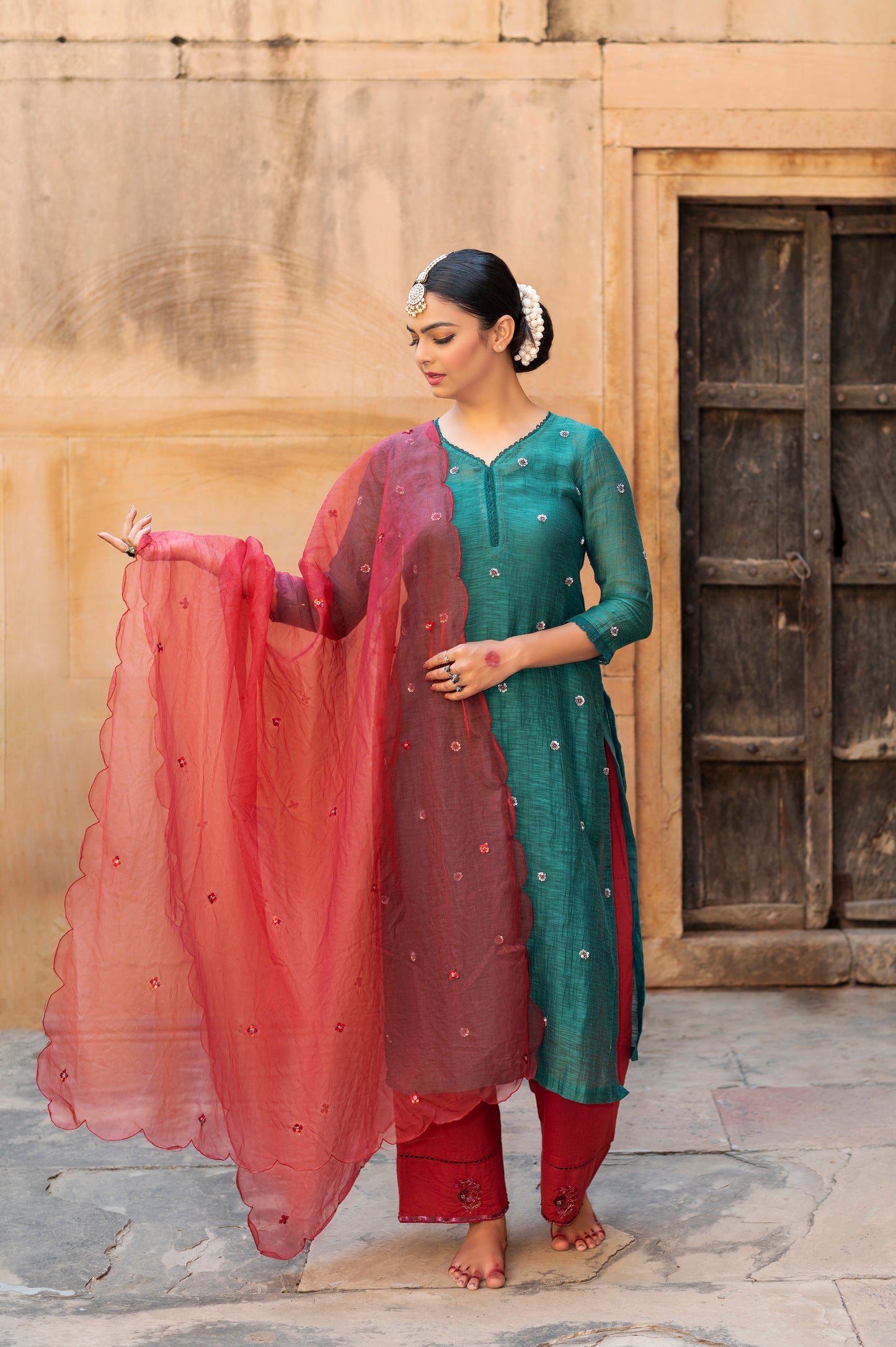 Red Silk Organza Dupatta