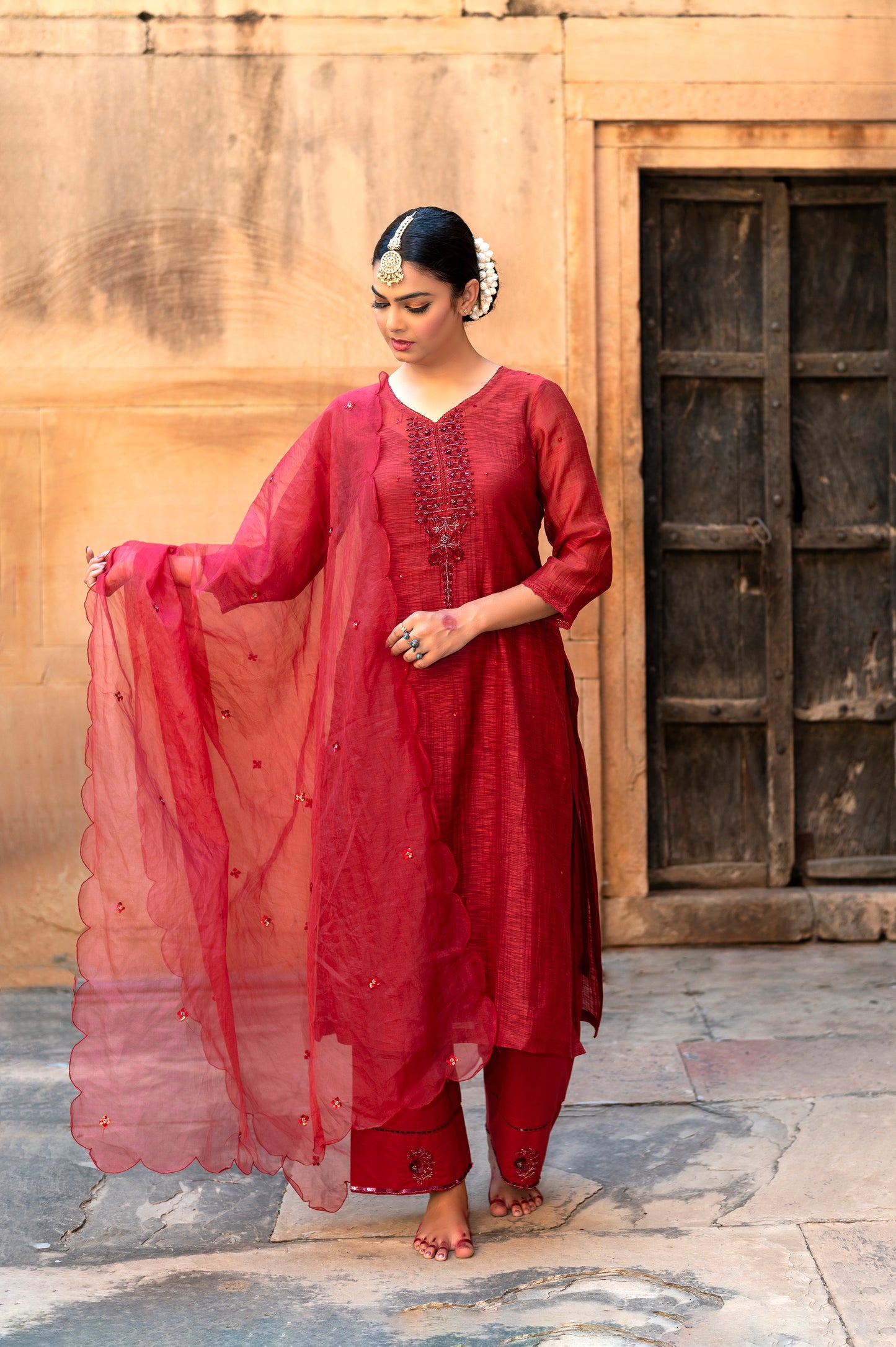Red Silk Organza Dupatta