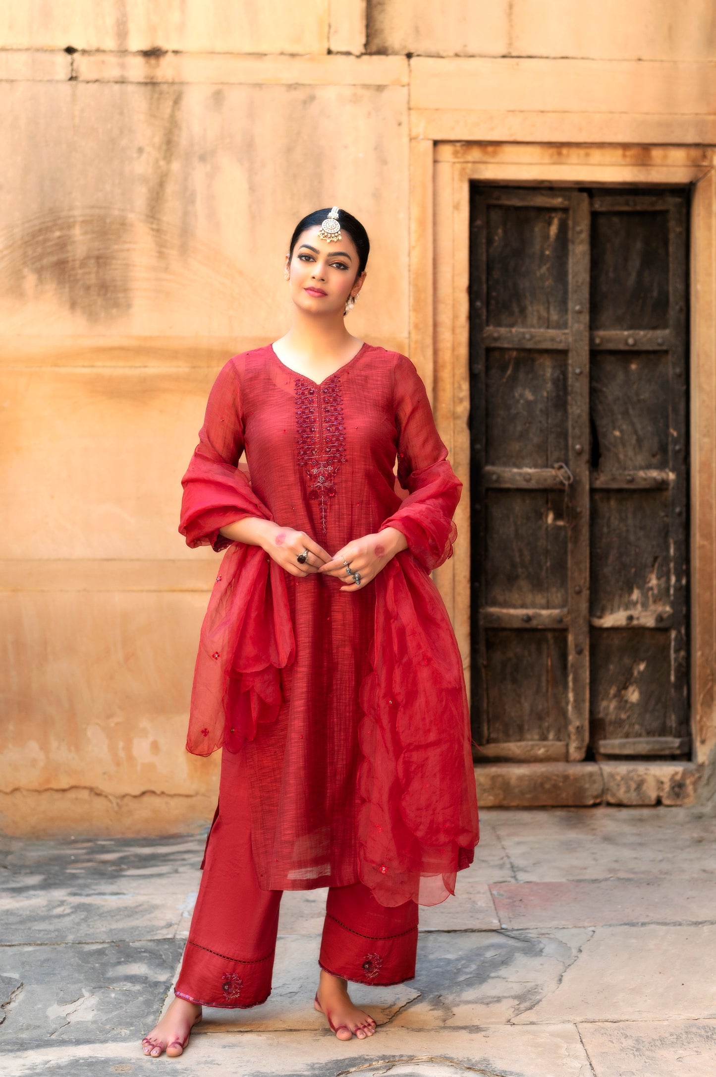 Red Khadi Chanderi Kurta Set