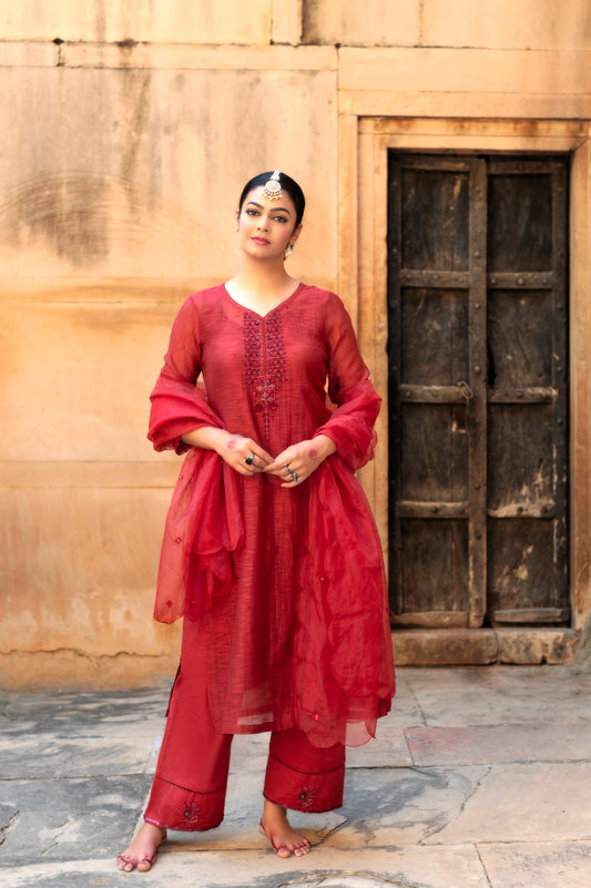 Red Khadi Chanderi Kurta Set