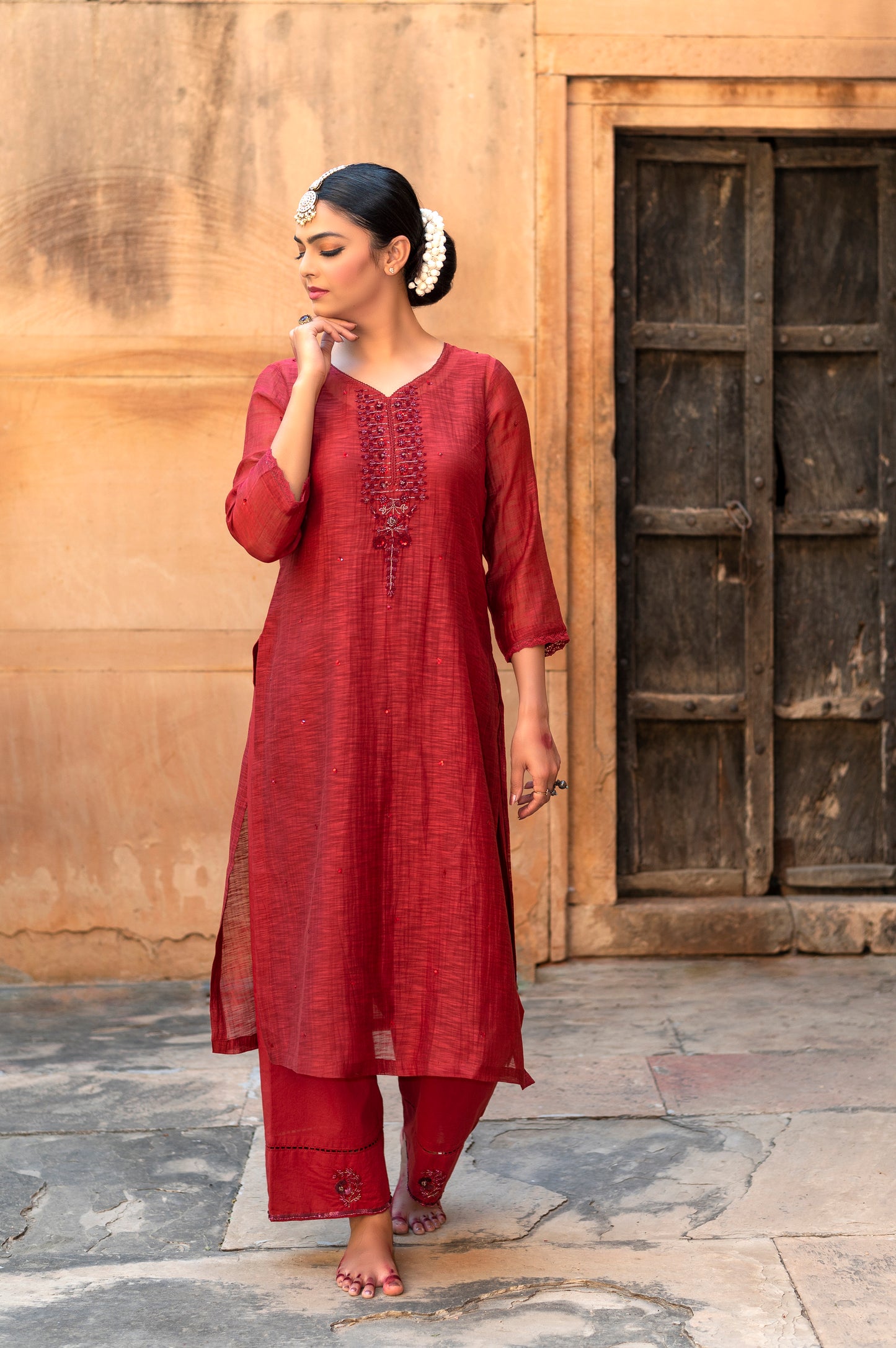 Red Khadi Chanderi Kurta Set