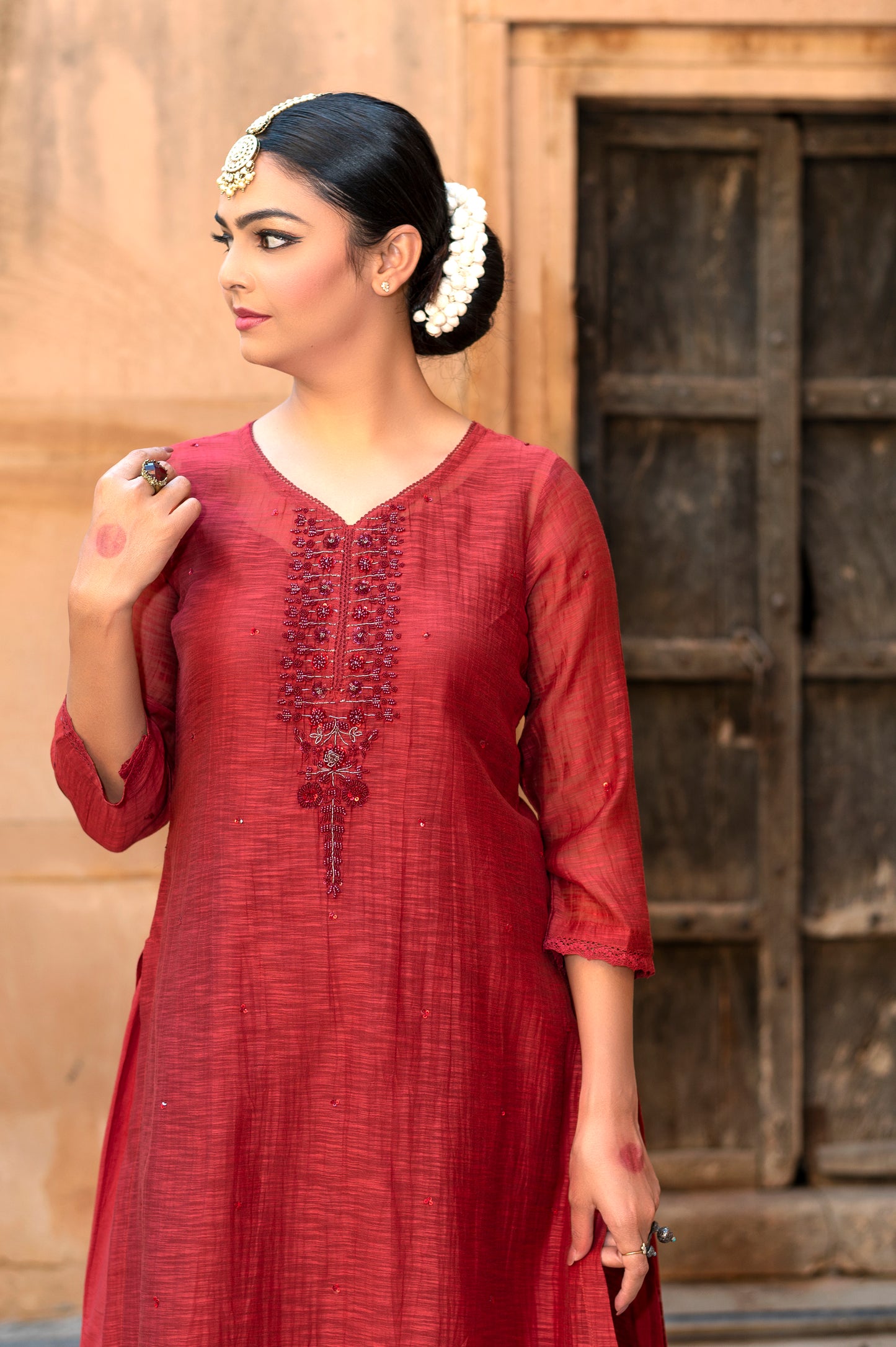 Red Khadi Chanderi Kurta Set