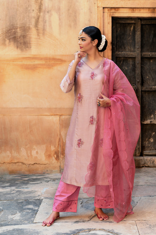 Old Rose Silk Chanderi Kurta Set