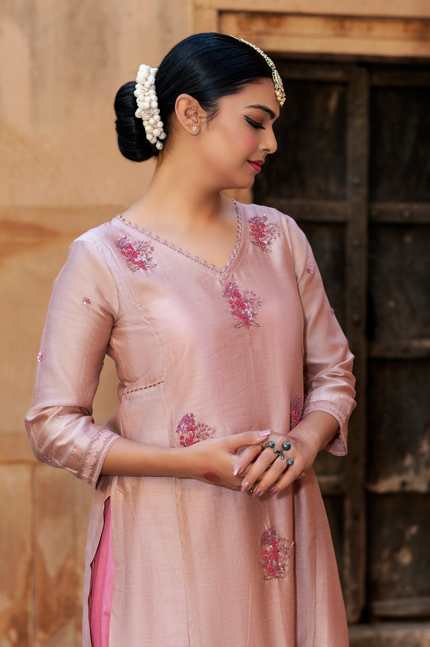 Old Rose Silk Chanderi Kurta Set