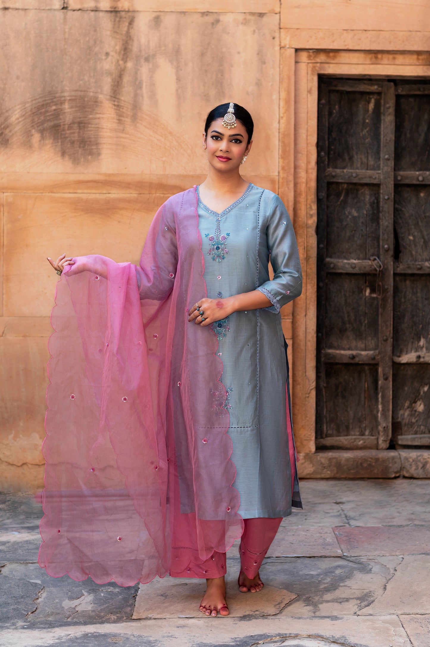Pink Silk Organza Dupatta