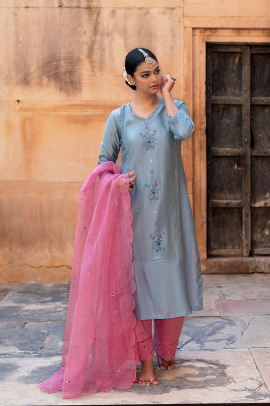 Steele Blue Silk Chanderi Kurta Set
