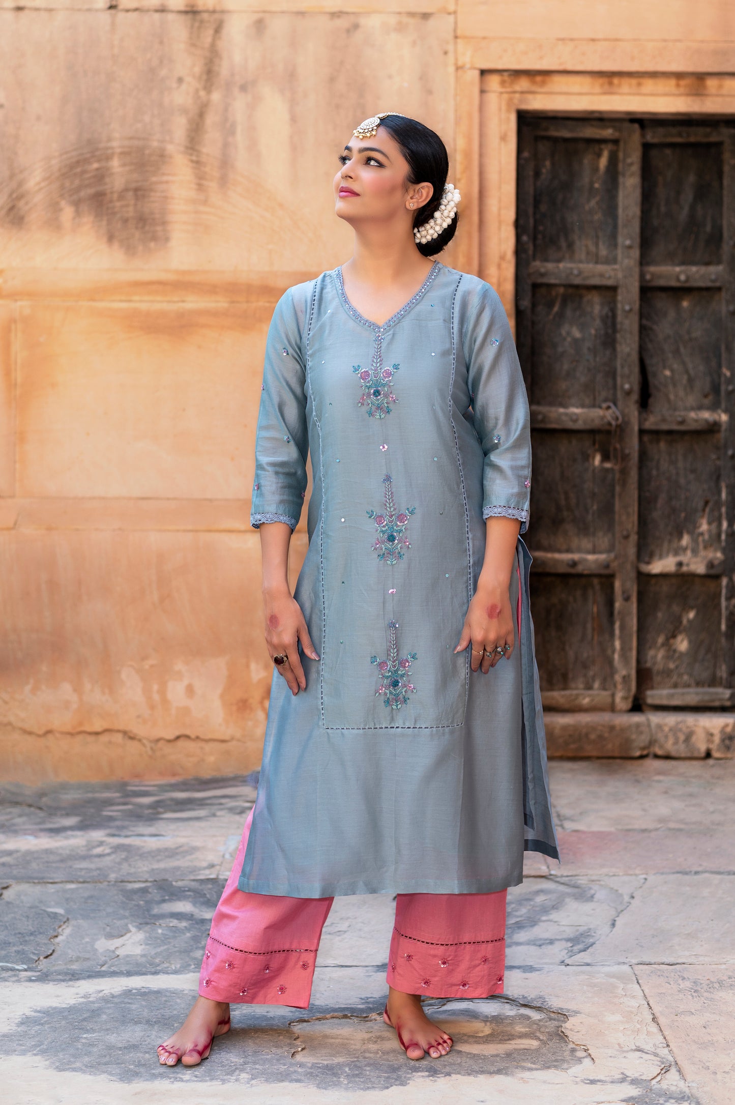 Steele Blue Silk Chanderi Kurta