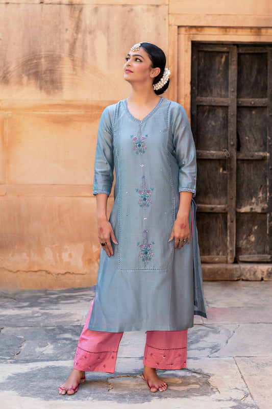 Steele Blue Silk Chanderi Kurta