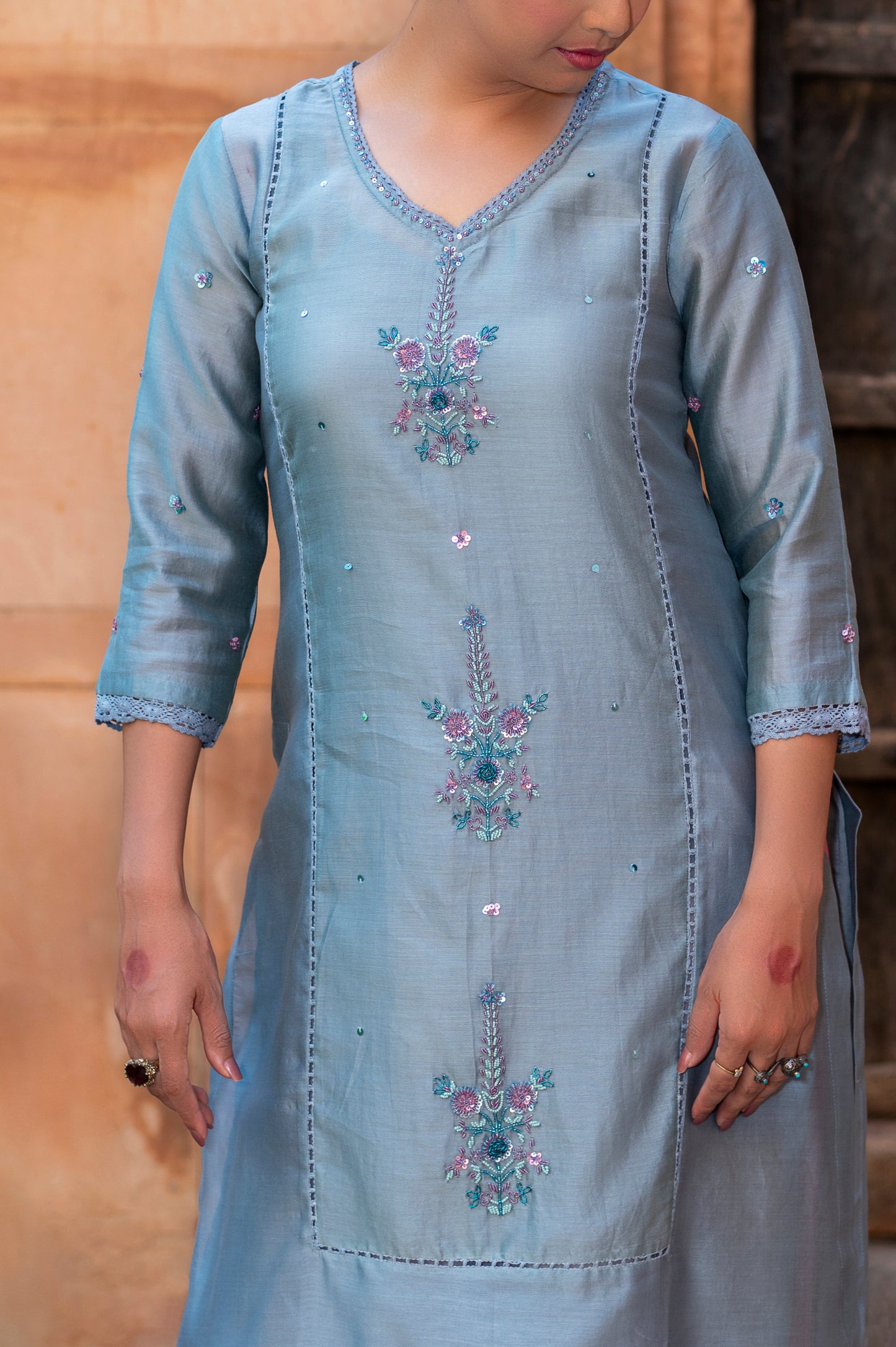 Steele Blue Silk Chanderi Kurta Set