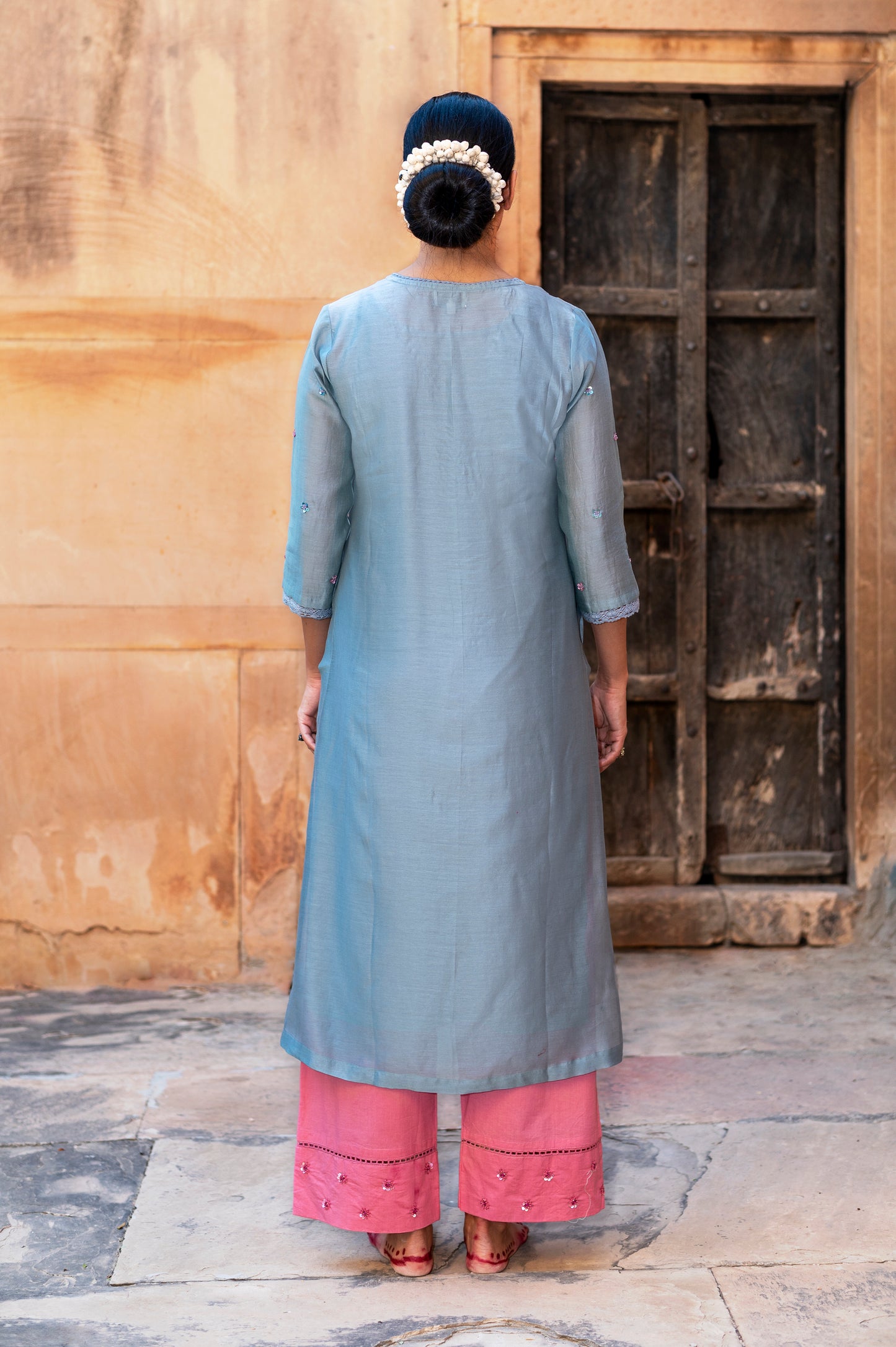 Steele Blue Silk Chanderi Kurta Set