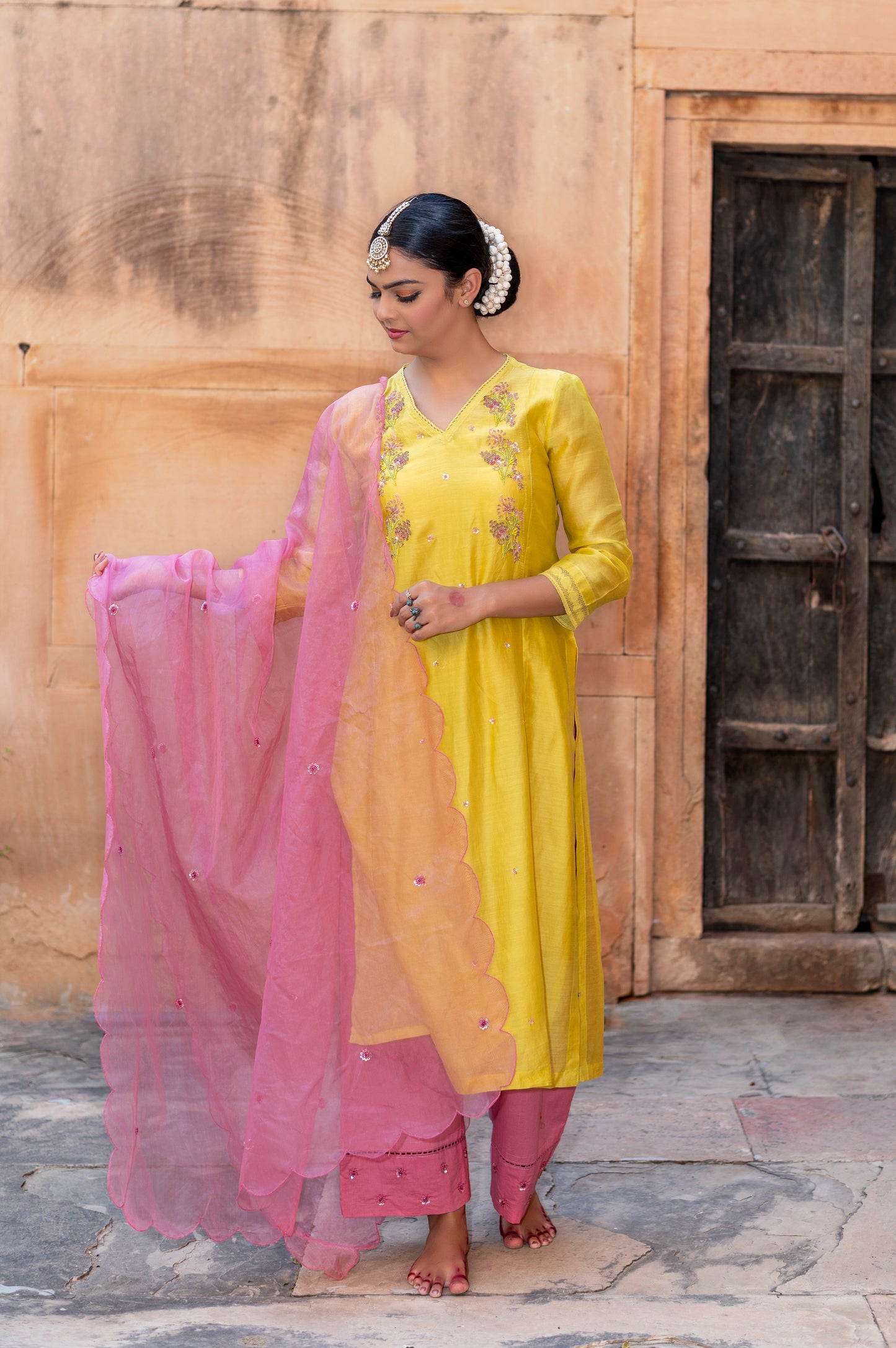 Lime Yellow Silk Chanderi Kurta Set