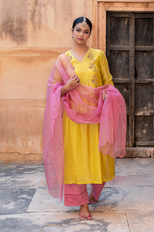 Lime Yellow Silk Chanderi Kurta Set