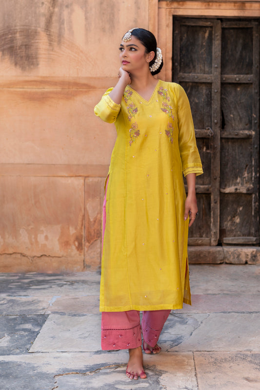 Lime Yellow Silk Chanderi Kurta