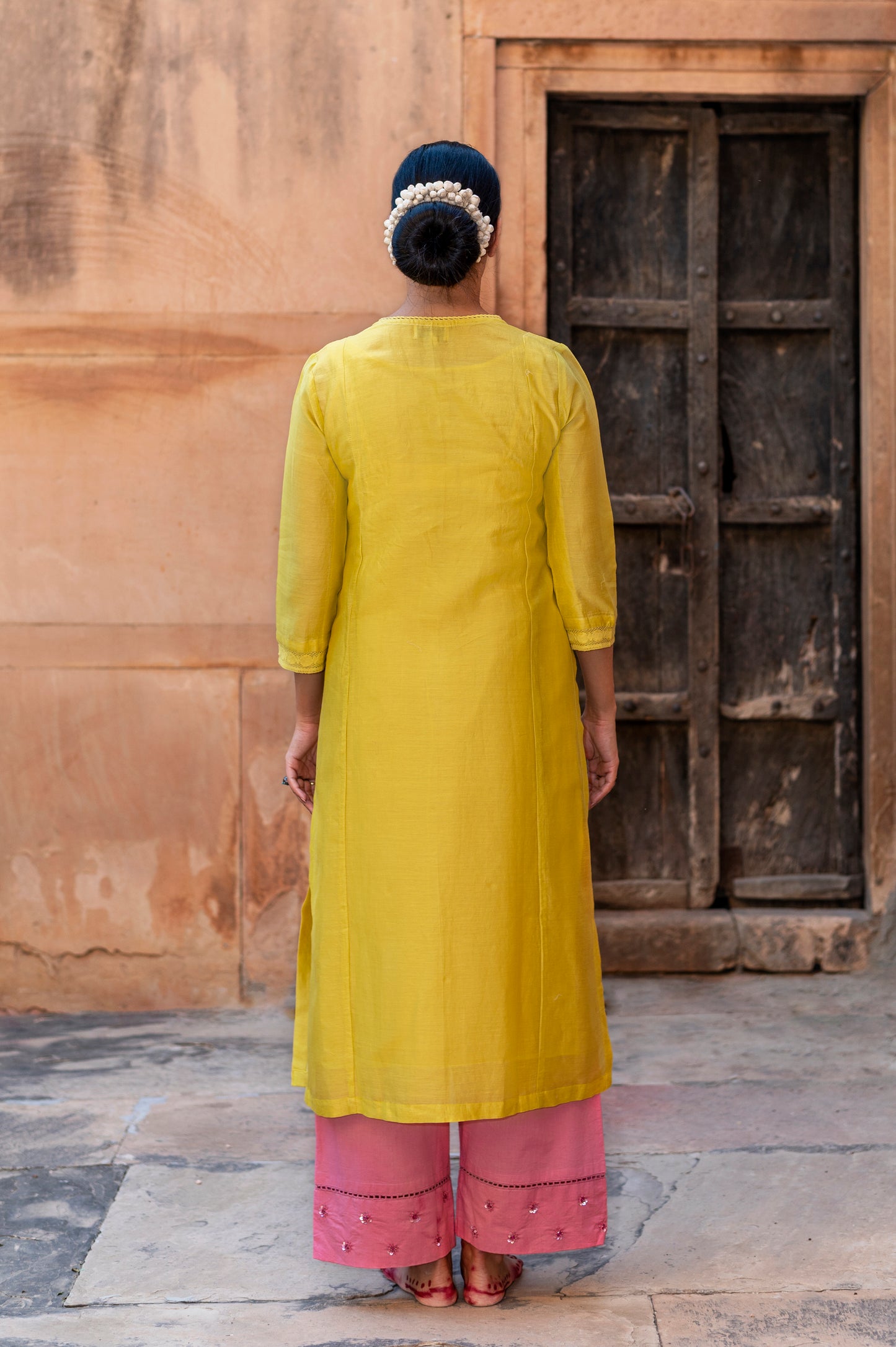 Lime Yellow Silk Chanderi Kurta Set