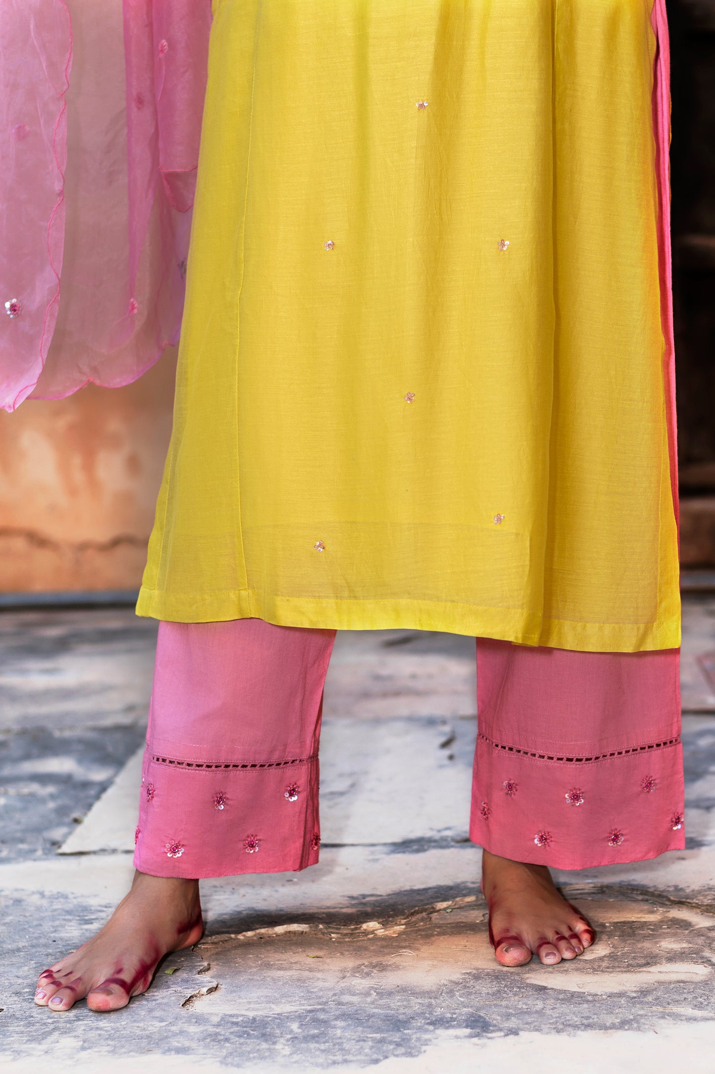 Lime Yellow Silk Chanderi Kurta Set