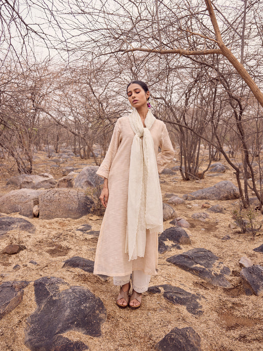 Beige khadi chanderi  thread and cutwork kurta set