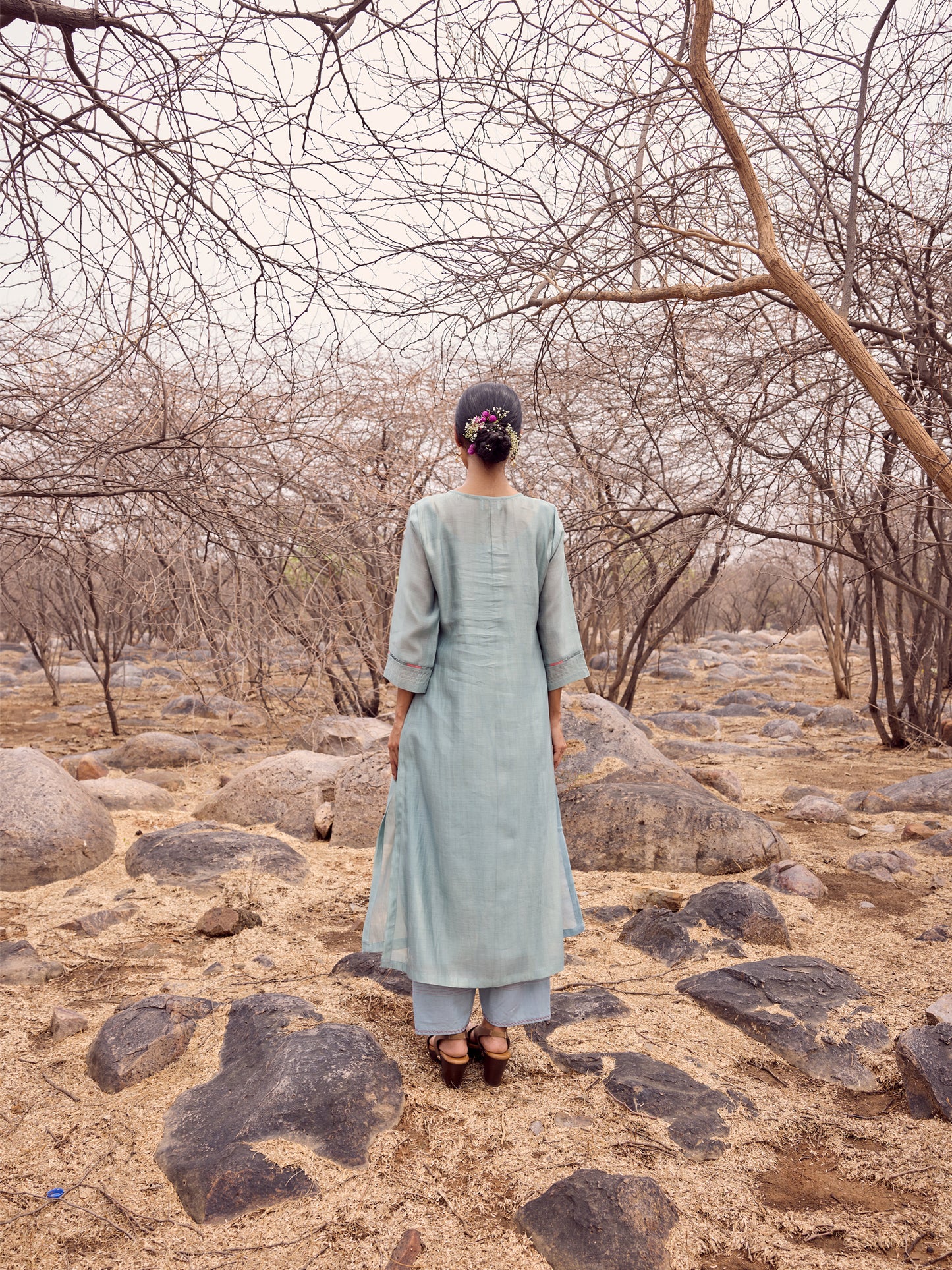 Sea blue mul chanderi threadwork kurta