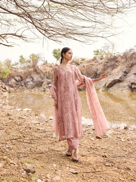 Old Rose and Wine Printed Mul Chanderi Kurta Set