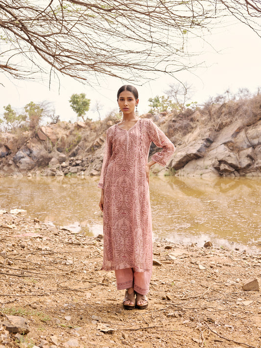 Old Rose and Wine Printed Mul Chanderi Beadwork Kurta
