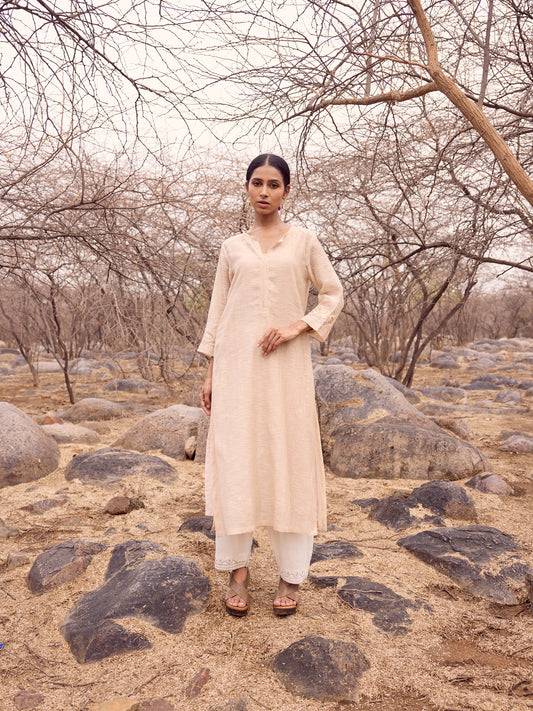 Beige khadi chanderi thread and cutwork kurta