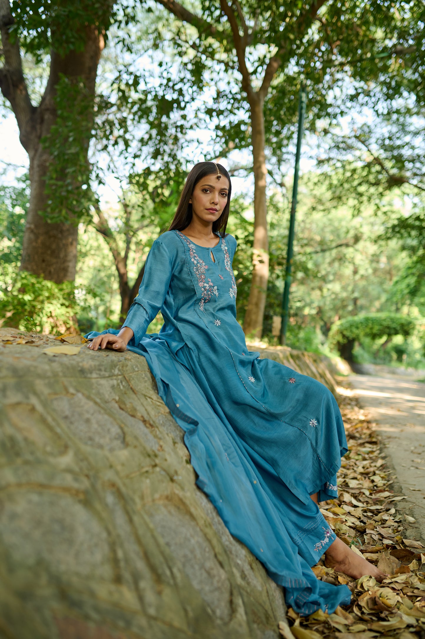 Sea Blue Cotton Silk Zardozi Kurta Set