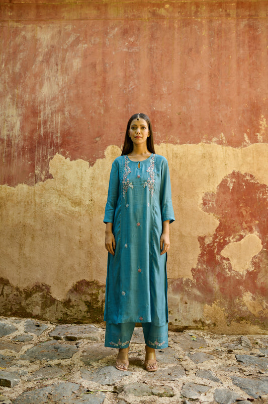 Sea Blue Cotton Silk Zardozi Kurta