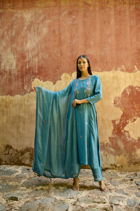 Sea Blue Tabby Silk Zardozi Dupatta