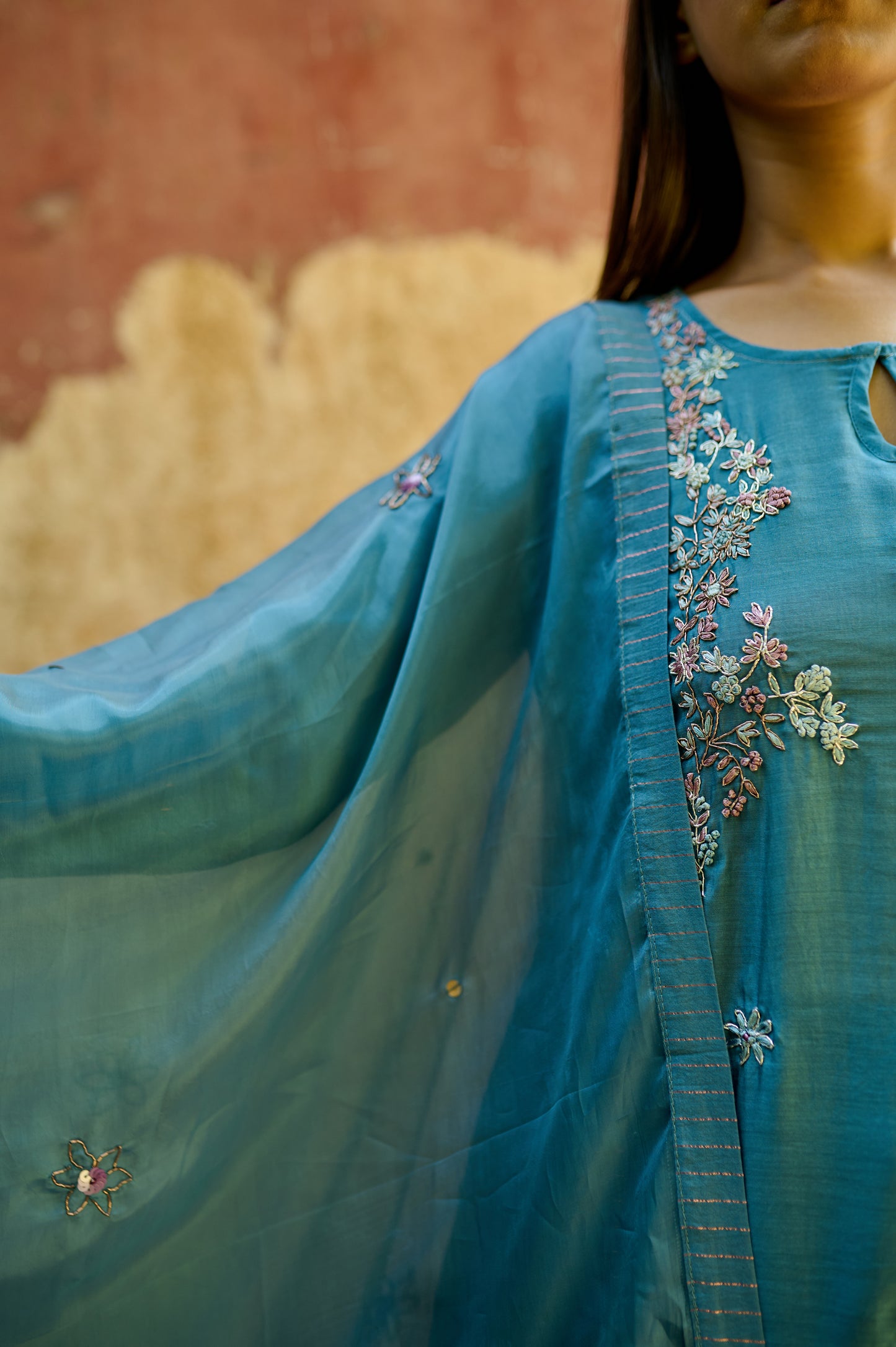 Sea Blue Cotton Silk Zardozi Kurta Set