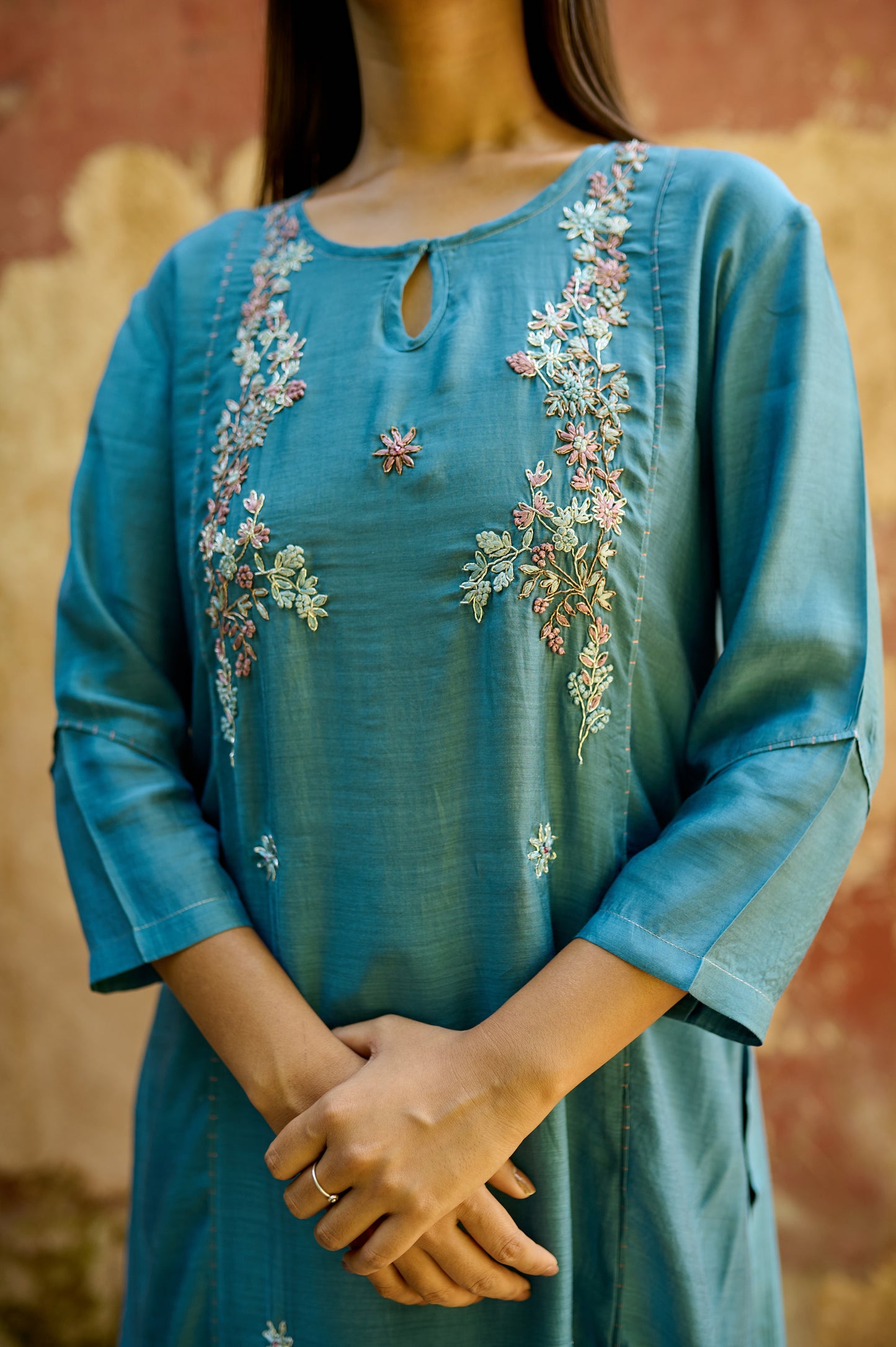 Sea Blue Cotton Silk Zardozi Kurta Set