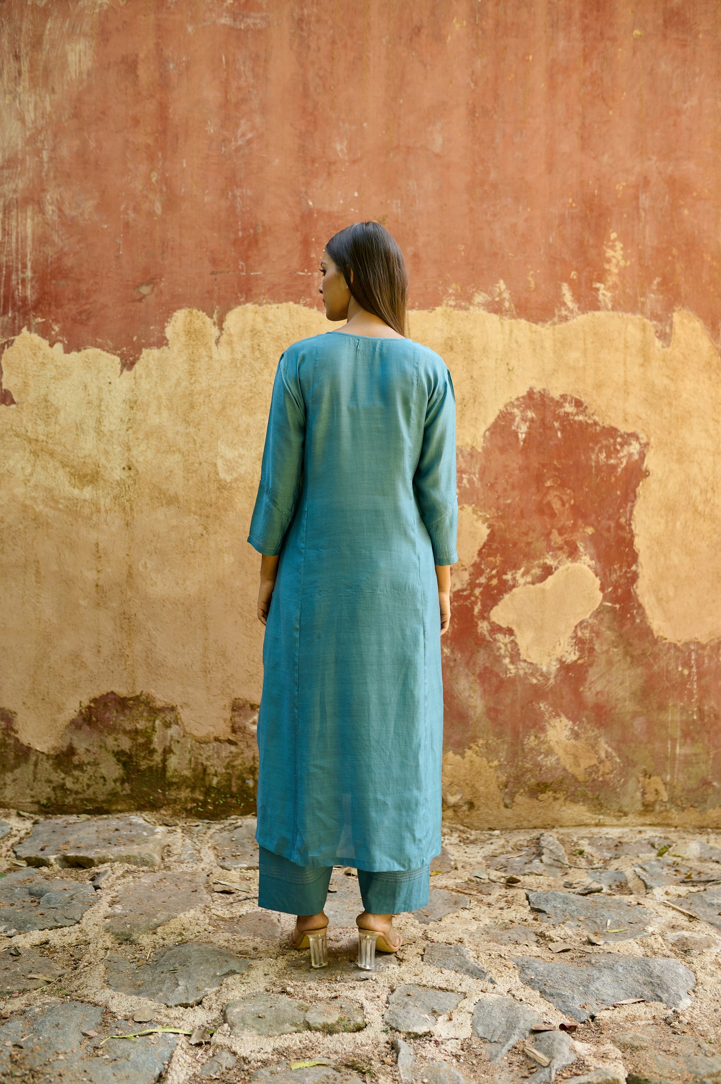 Sea Blue Cotton Silk Zardozi Kurta Set