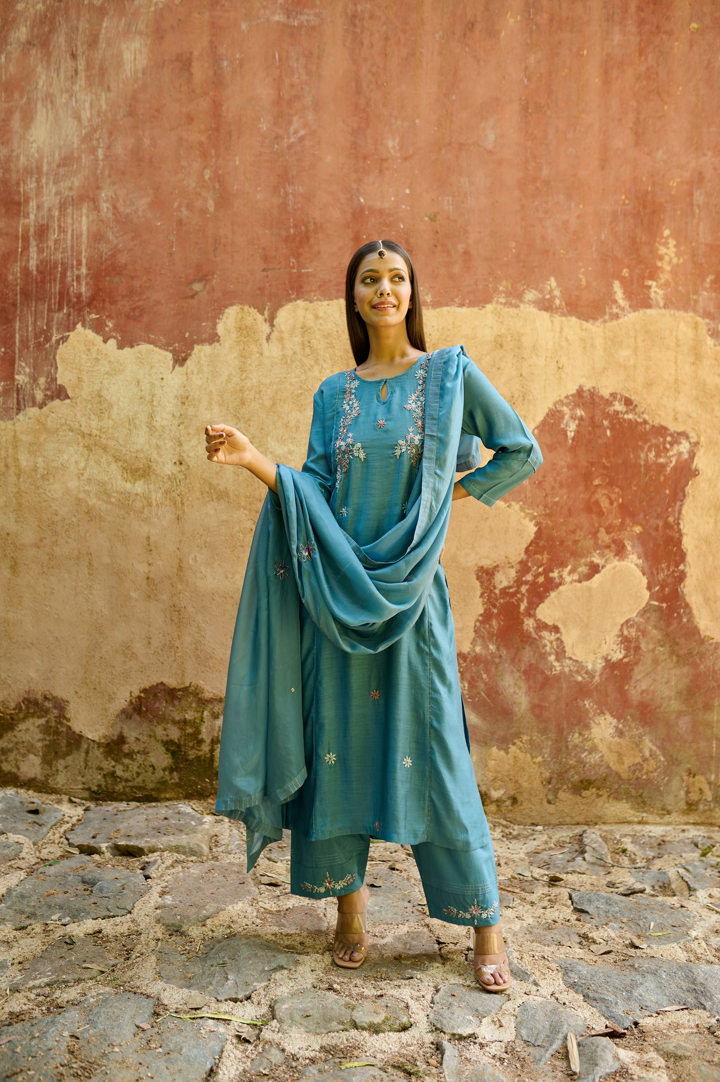 Sea Blue Cotton Silk Zardozi Kurta Set