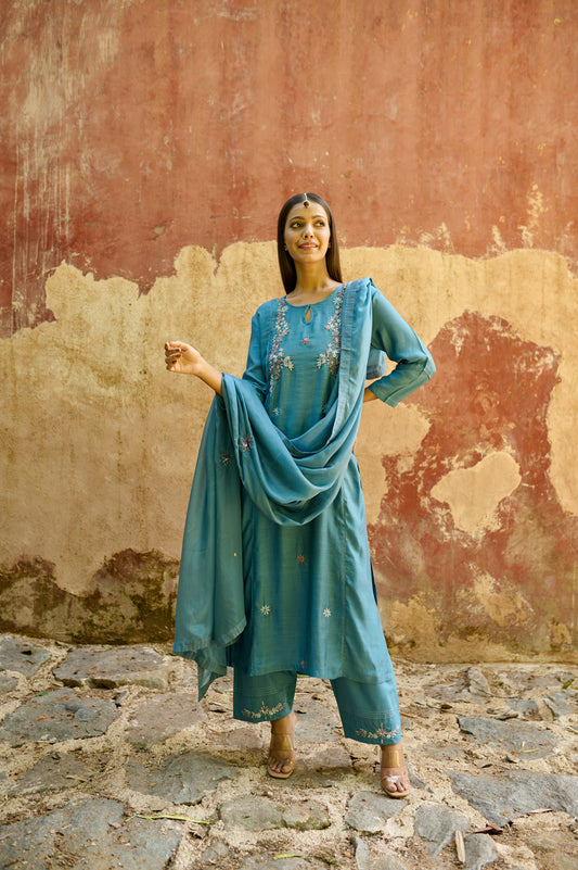 Sea Blue Cotton Silk Zardozi Kurta Set