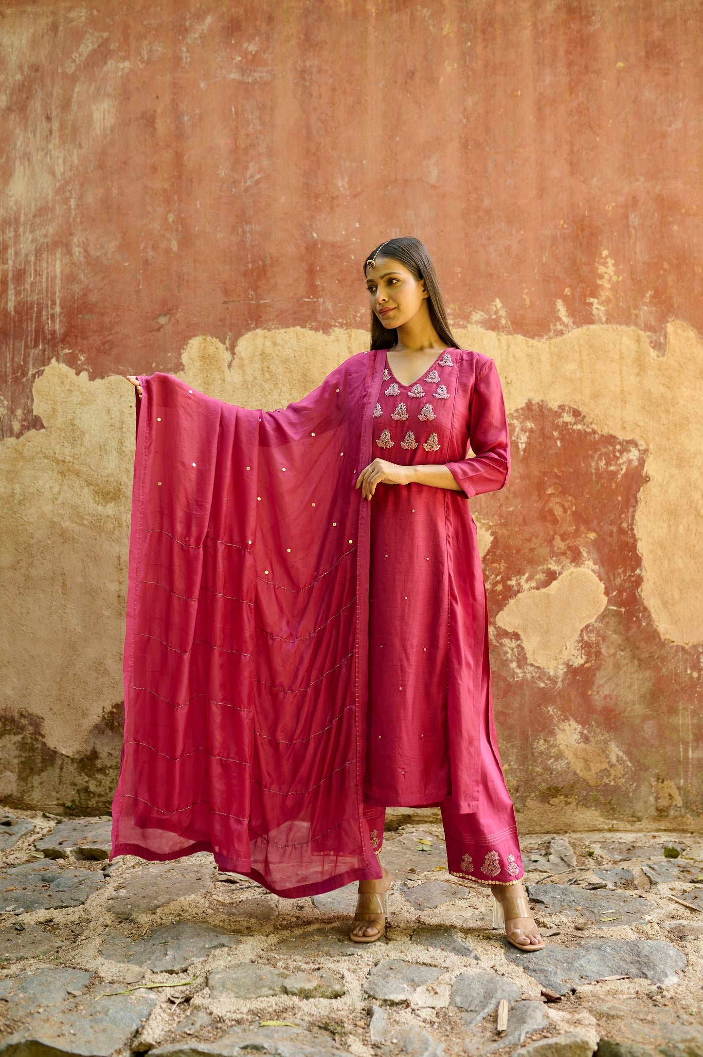 Berry Pink Cotton Silk Zardozi Kurta Set