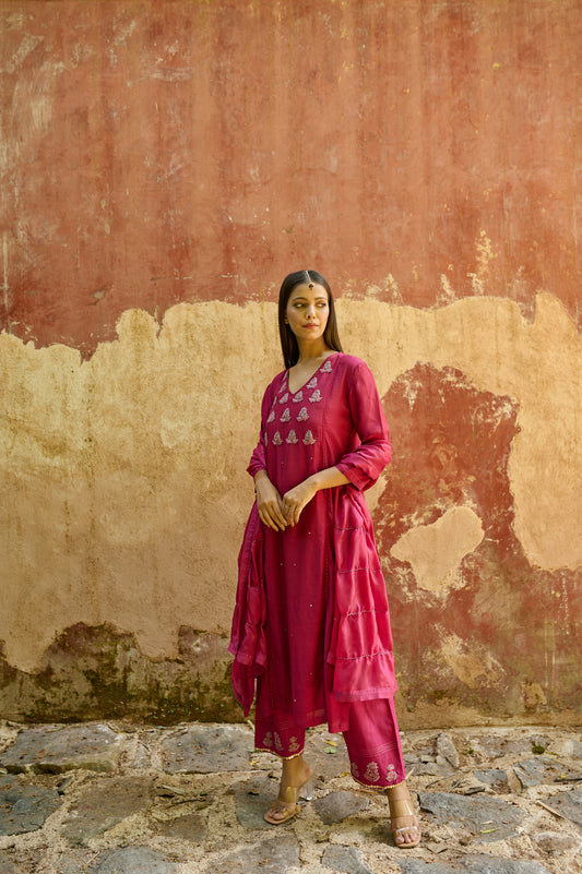 Berry Pink Cotton Silk Zardozi Kurta Set