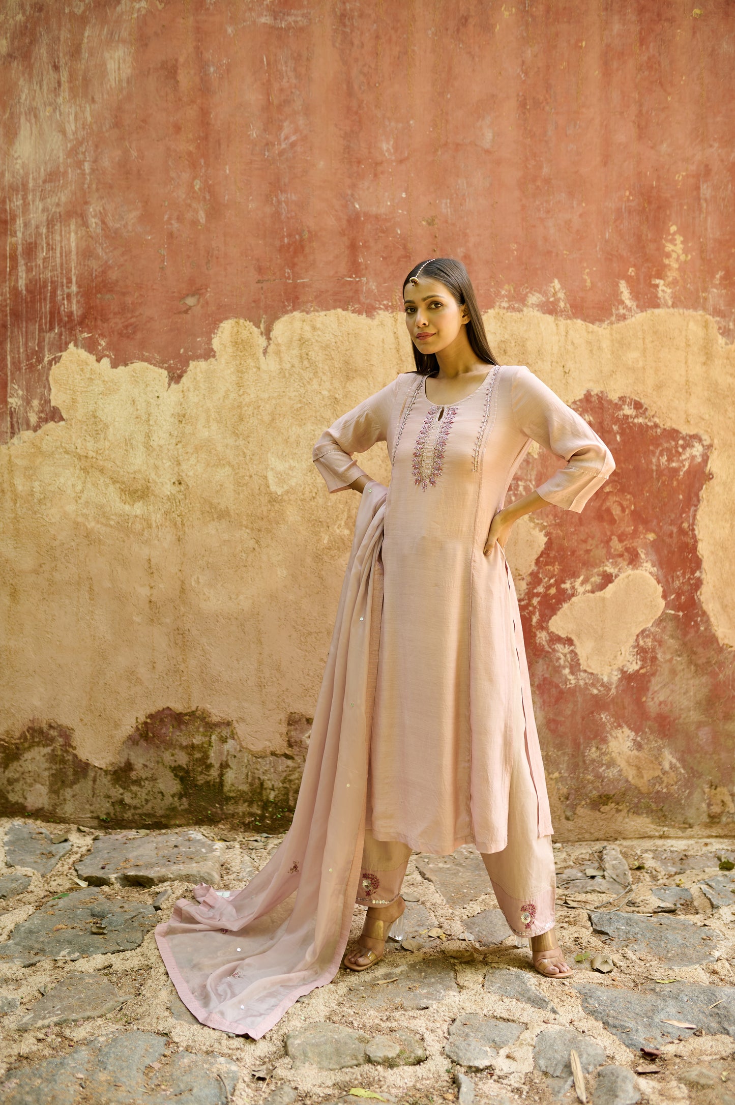 Light Mauve Cotton Silk Zardozi Kurta Set