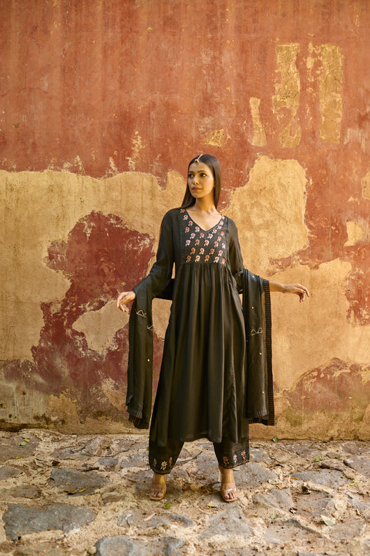 Black Cotton Silk Zardozi Kurta Set