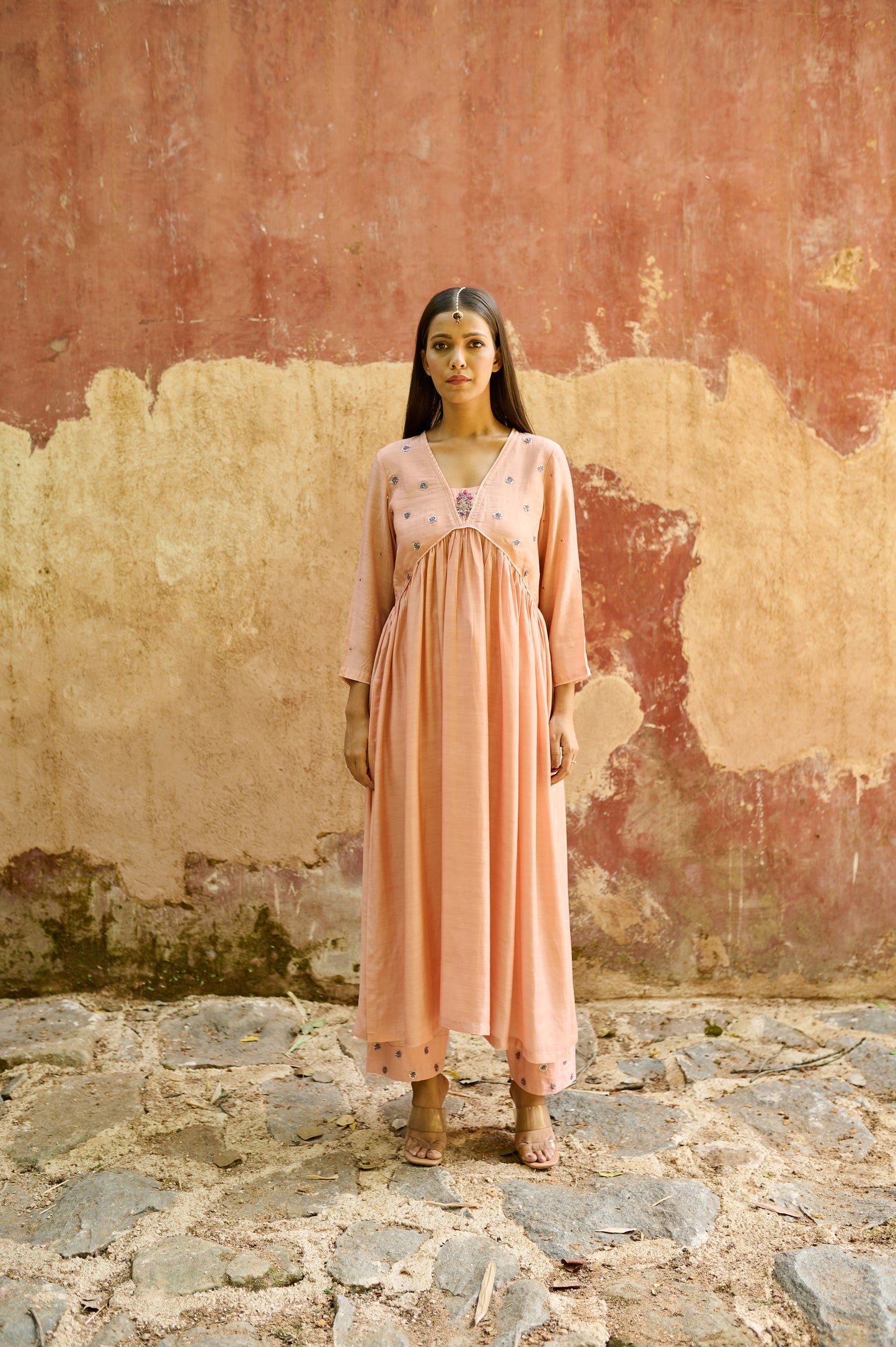Peach Cotton Silk Zardozi Kurta Set