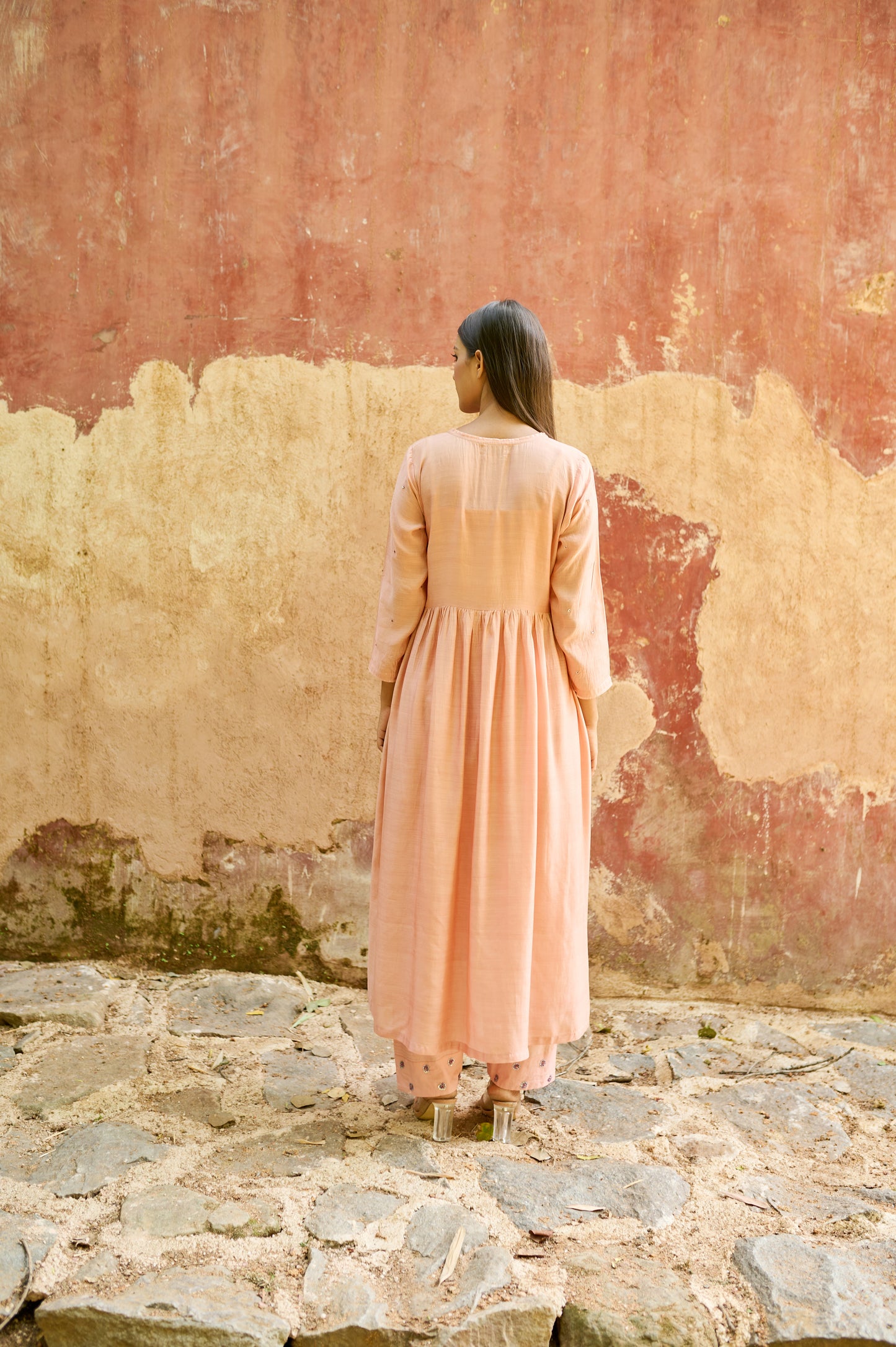 Peach Cotton Silk Zardozi Kurta Set