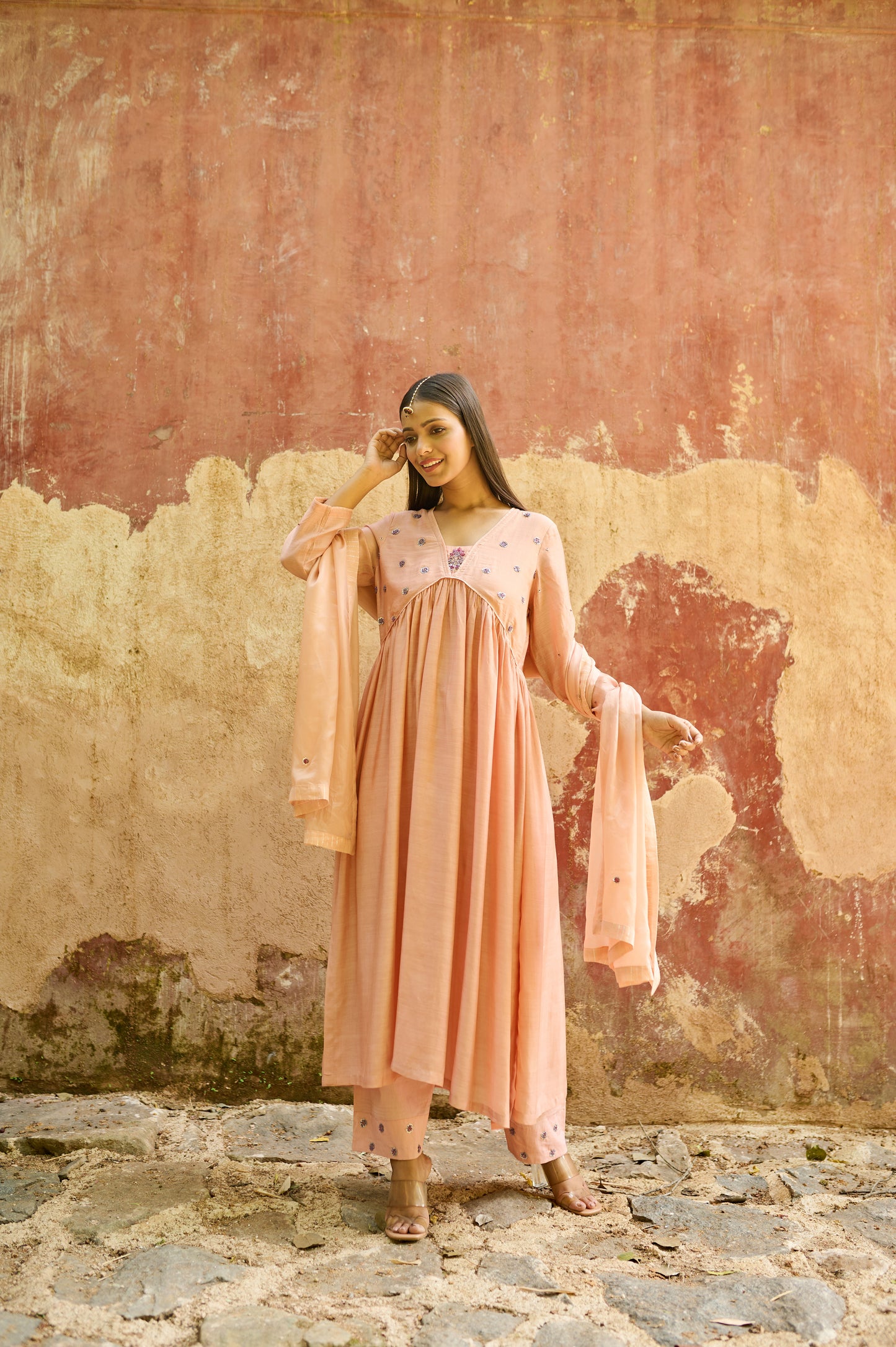 Peach Cotton Silk Zardozi Kurta Set