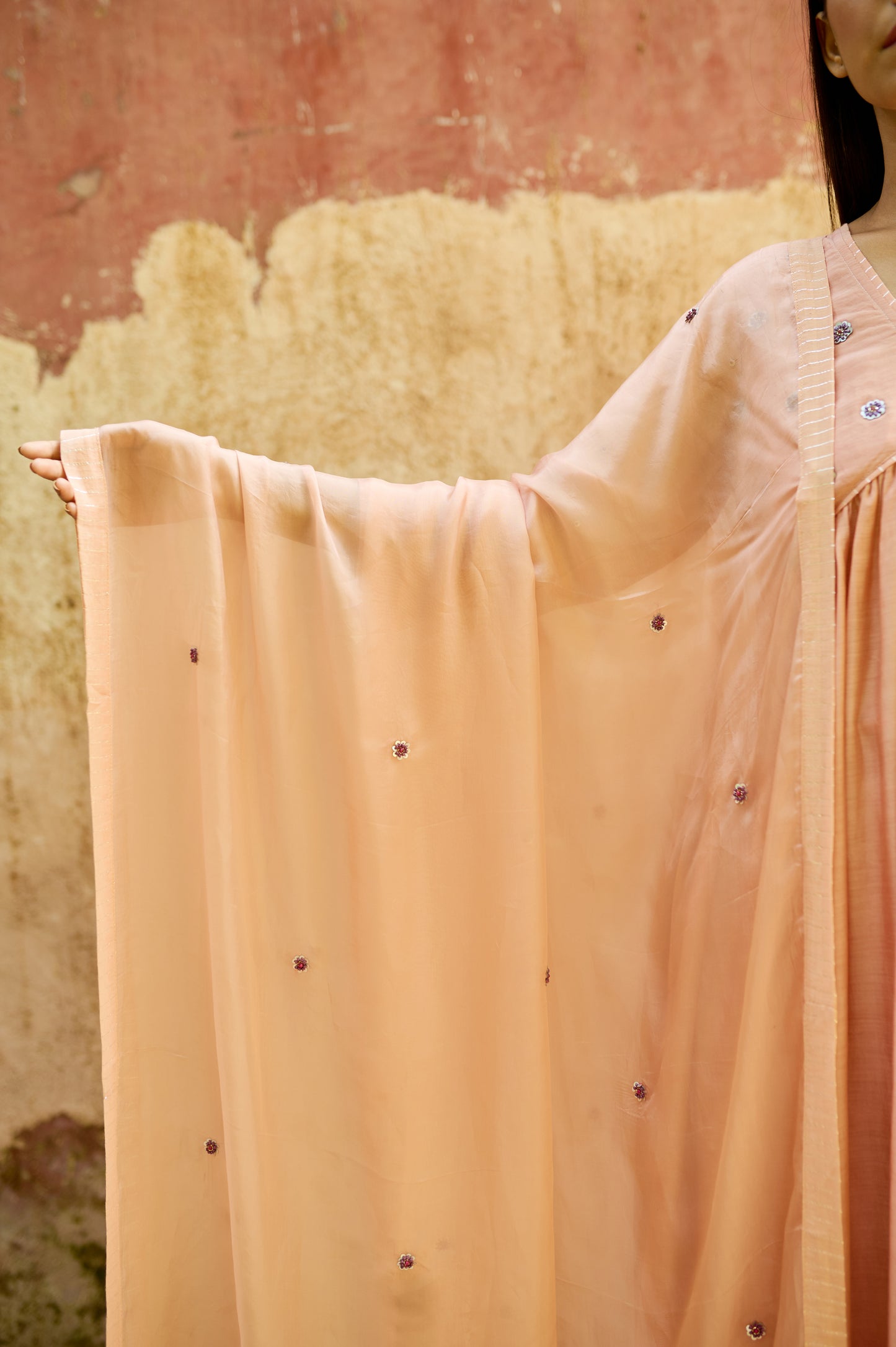 Peach Tabby Silk Zardozi Dupatta
