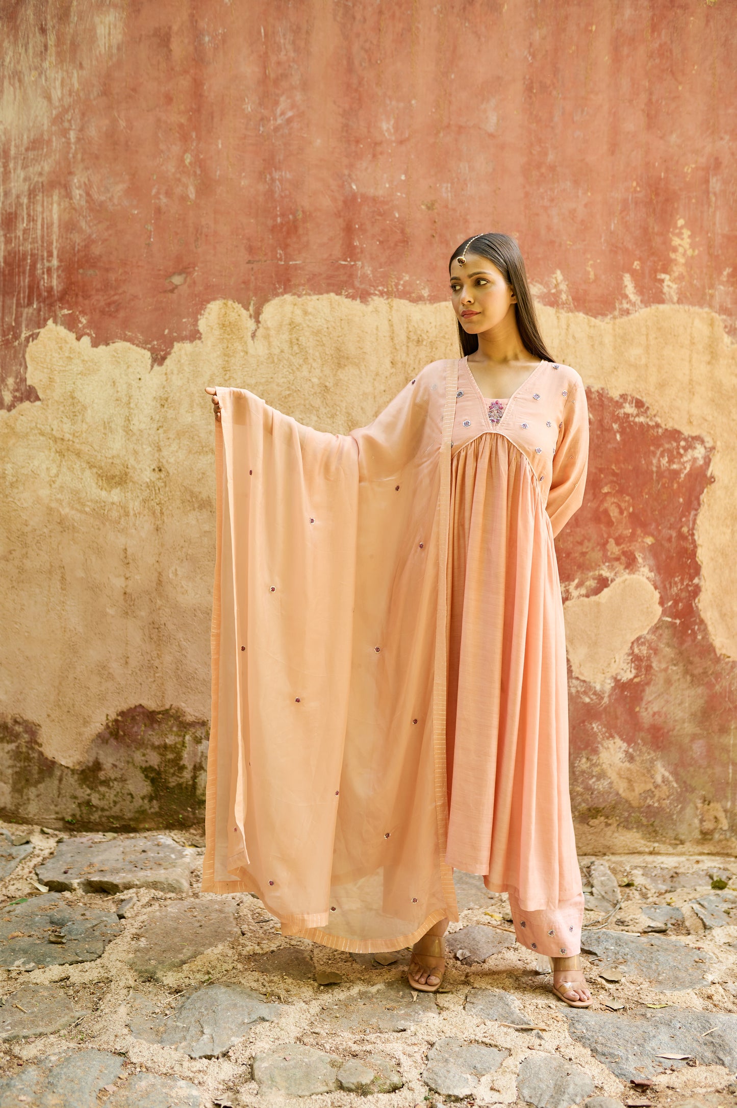 Peach Cotton Silk Zardozi Kurta Set