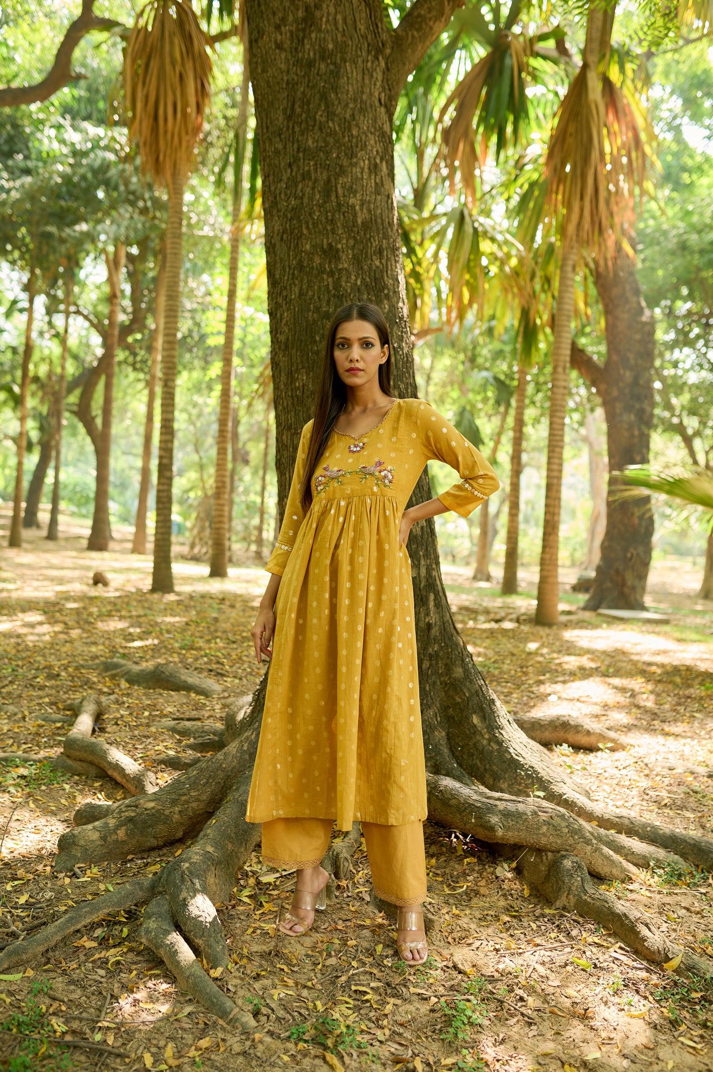 Yellow Cotton Jacquard Kurta