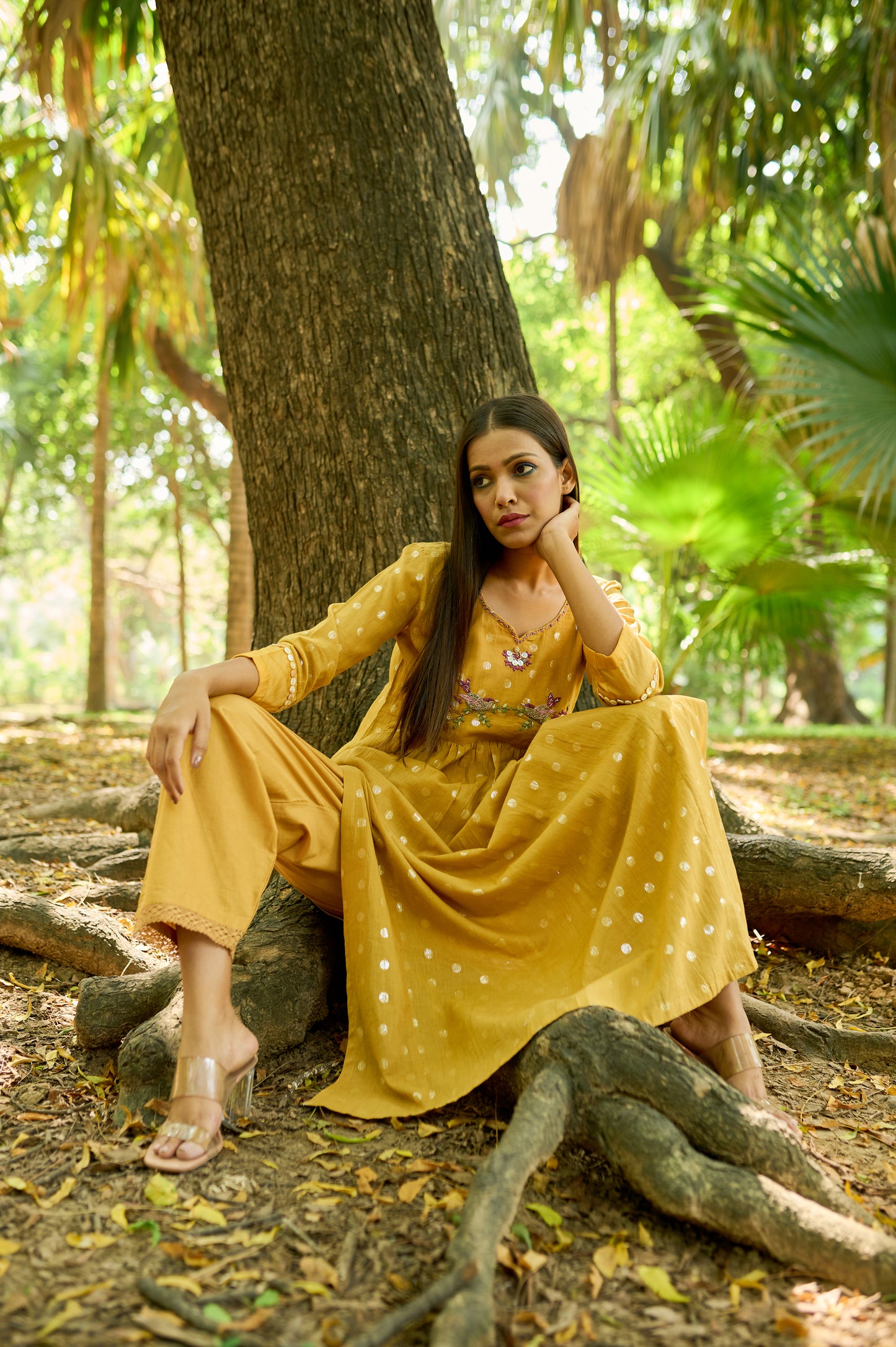Yellow Cotton Jacquard Kurta Set