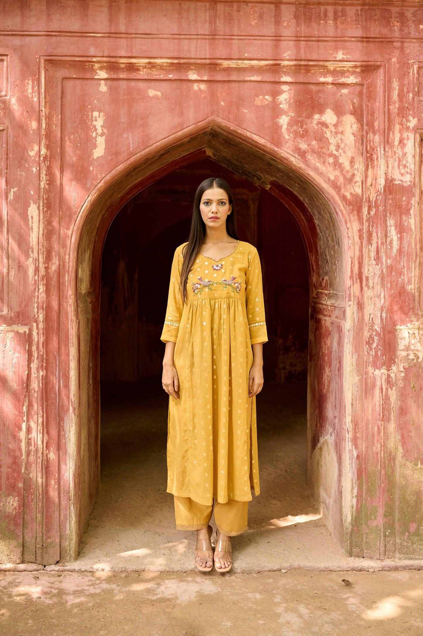 Yellow Cotton Jacquard Kurta Set