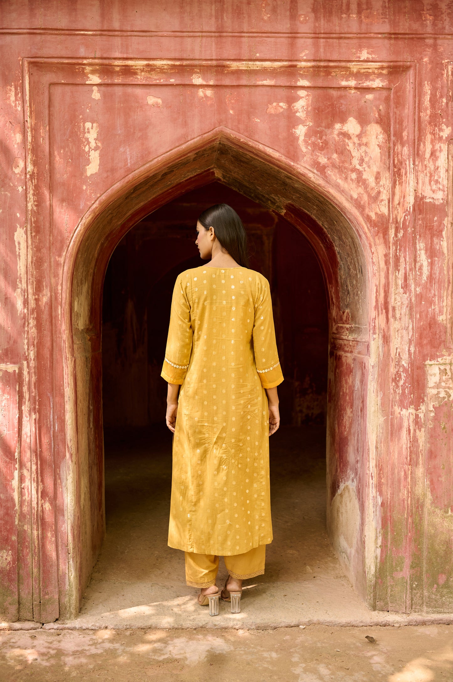 Yellow Cotton Jacquard Kurta Set