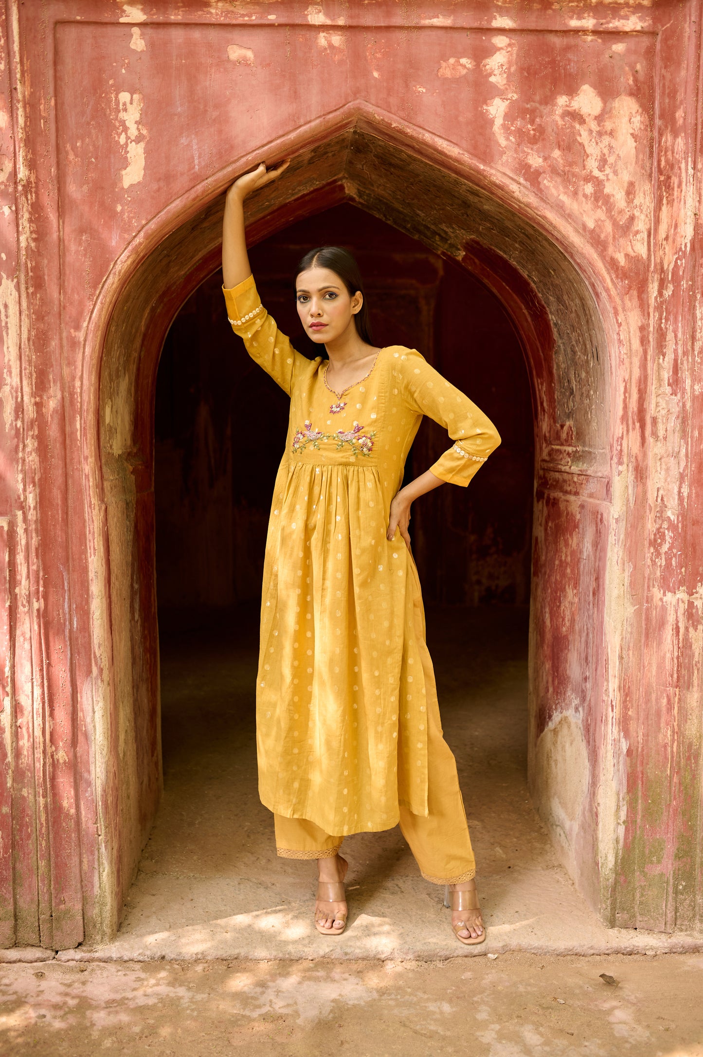 Yellow Cotton Jacquard Kurta Set