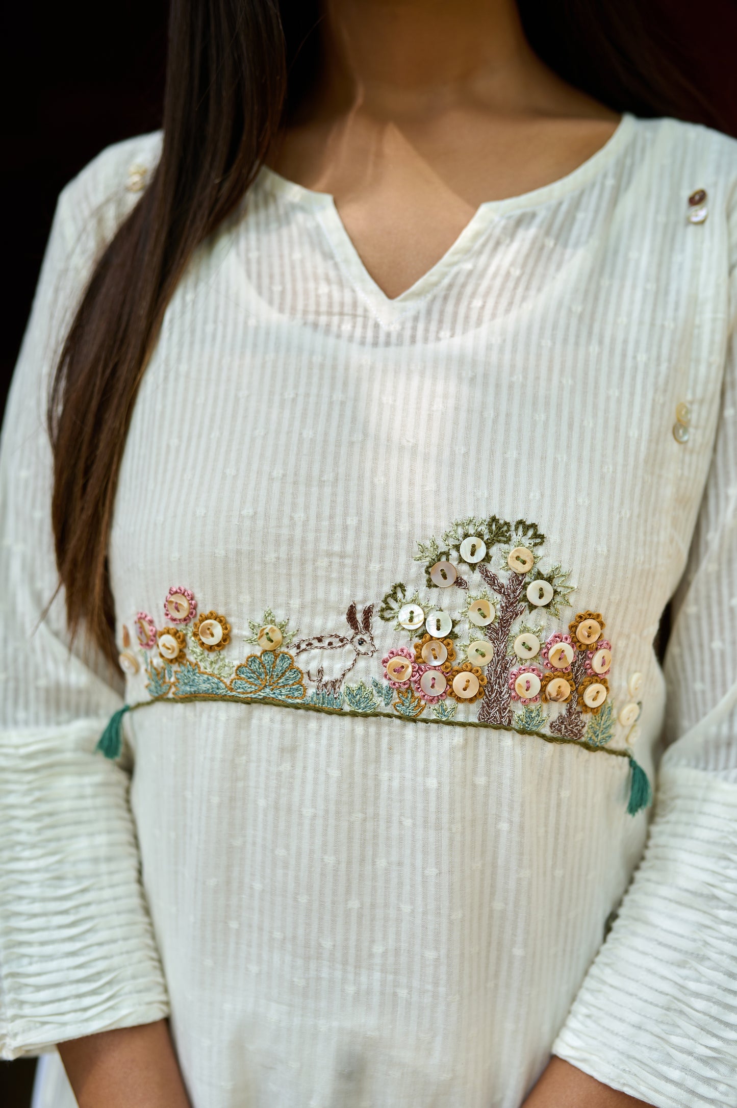 Off White Cotton Jacquard Kurta Set