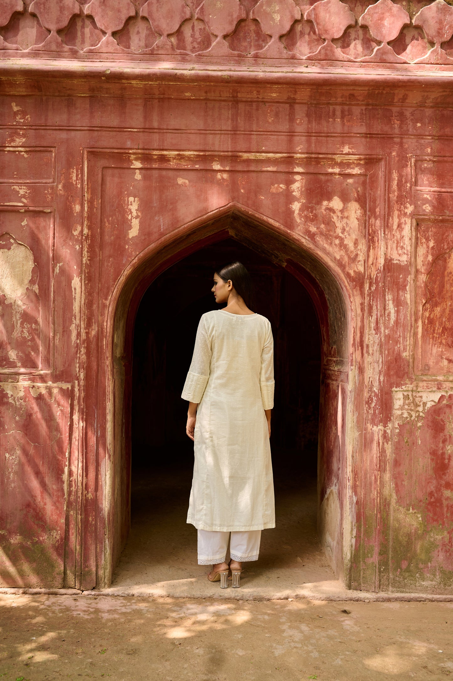 Off White Cotton Jacquard Kurta